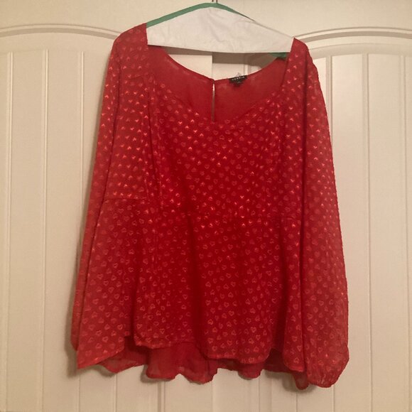 Torrid Peplum Chiffon Clip Heart Blouse Size 3 3X Red V Neck Long Sleeve Sheer - Picture 1 of 3